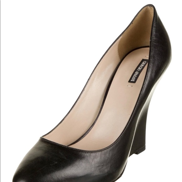 NWOB Giorgio Armani Size 38.5 Black Leather Round Toe Wedge Heel - Picture 2 of 16